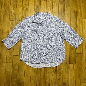 Foxcroft NYC Blue White Botanical Print Wrinkle Free Cotton Shirt Womens 16